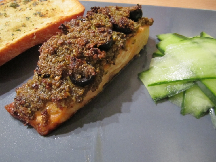 Pesto, olive and breadcrumb topped salmon