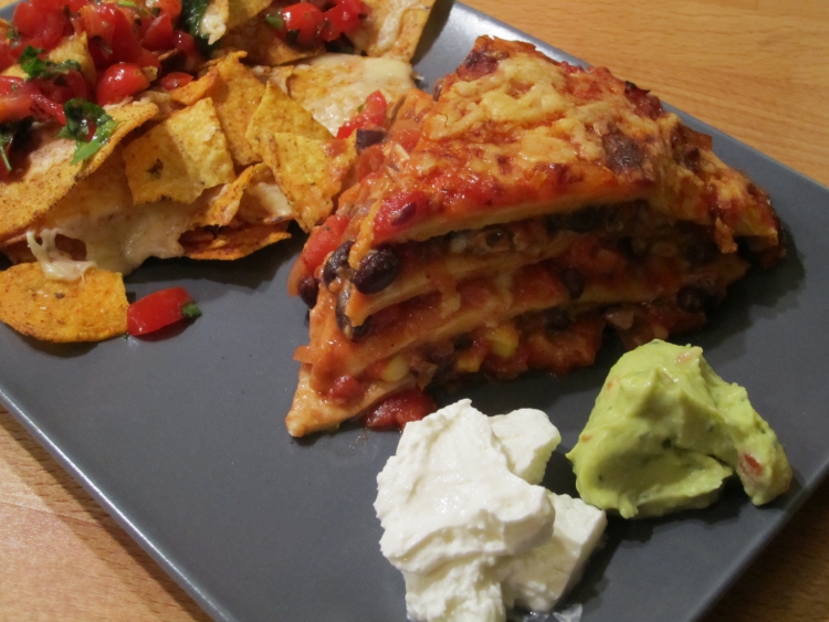 Nigella's Mexican Lasagne Serve with nachos, guacamole, salsa and Greek yoghurt