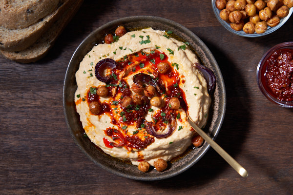 Hummus with roasted garlic, onion, smoked harissa and crispy chickpeas