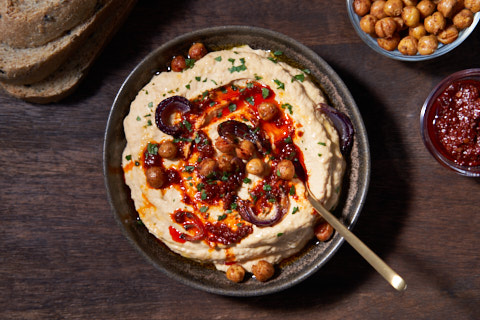 Hummus with roasted garlic, onion, smoked harissa and crispy chickpeas