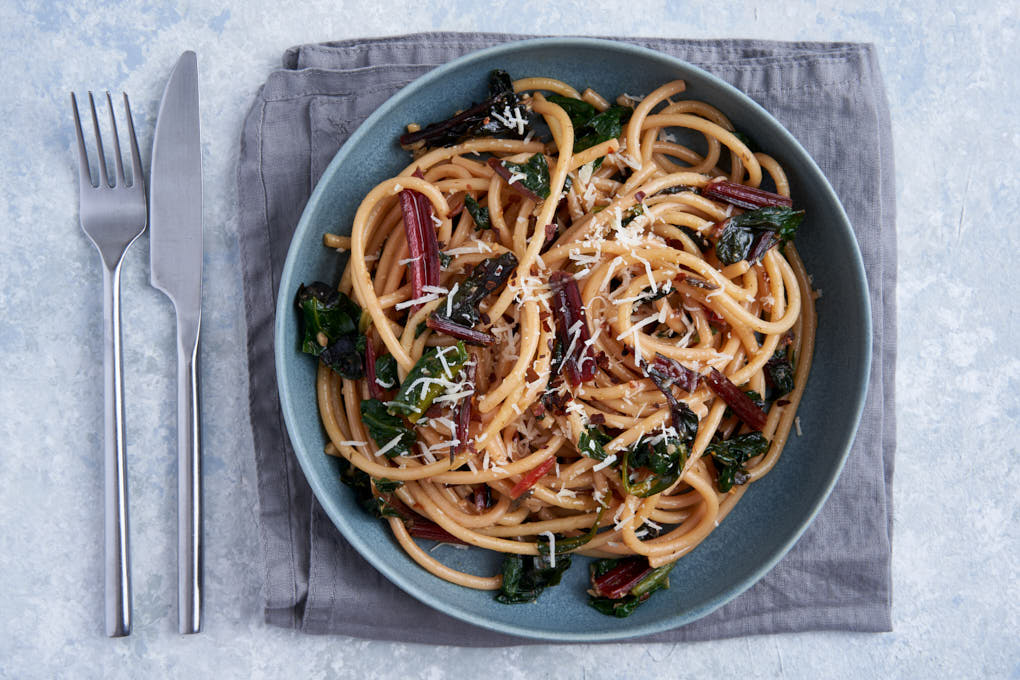 Nigella's Spaghetti with Chard, Chilli and Anchovies recipe HotCooking