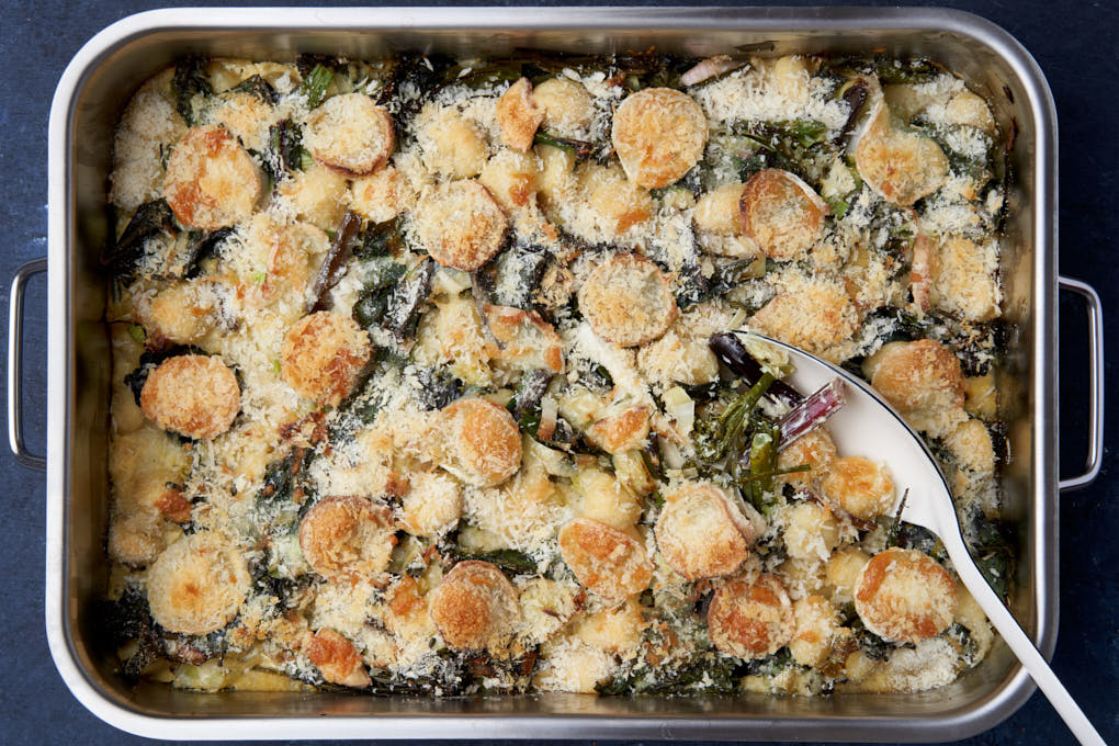 The Quick Roasting Tin Gnocchi with Leeks, Chard and Cream recipe