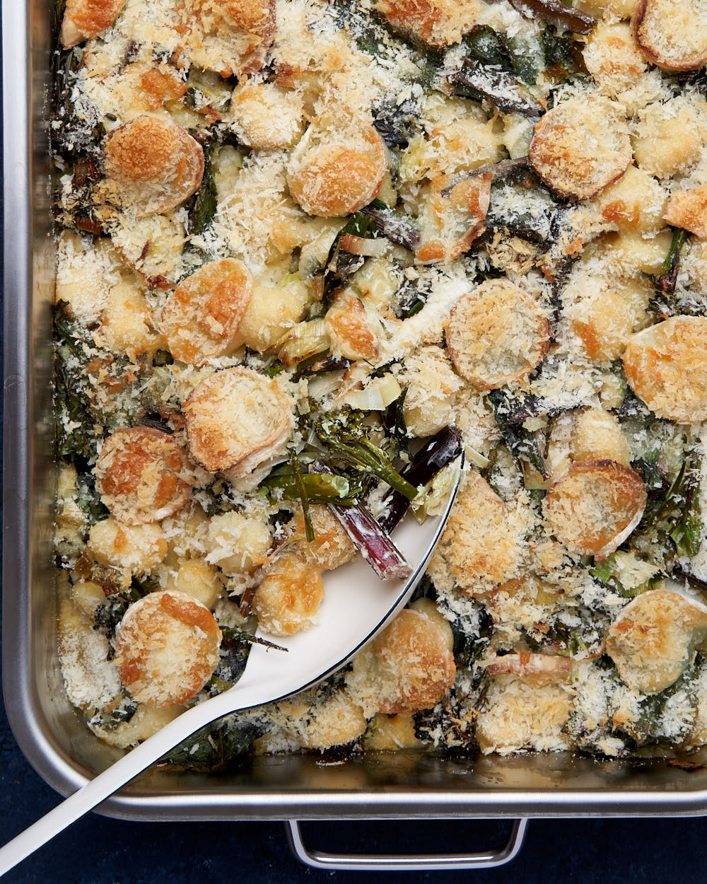 The Quick Roasting Tin Gnocchi with Leeks, Chard and Cream recipe