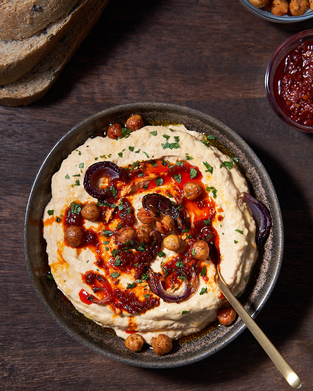 Hummus with roasted garlic, onion, smoked harissa and crispy chickpeas